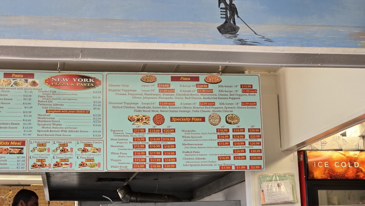 New York Pizza Pasta menu board