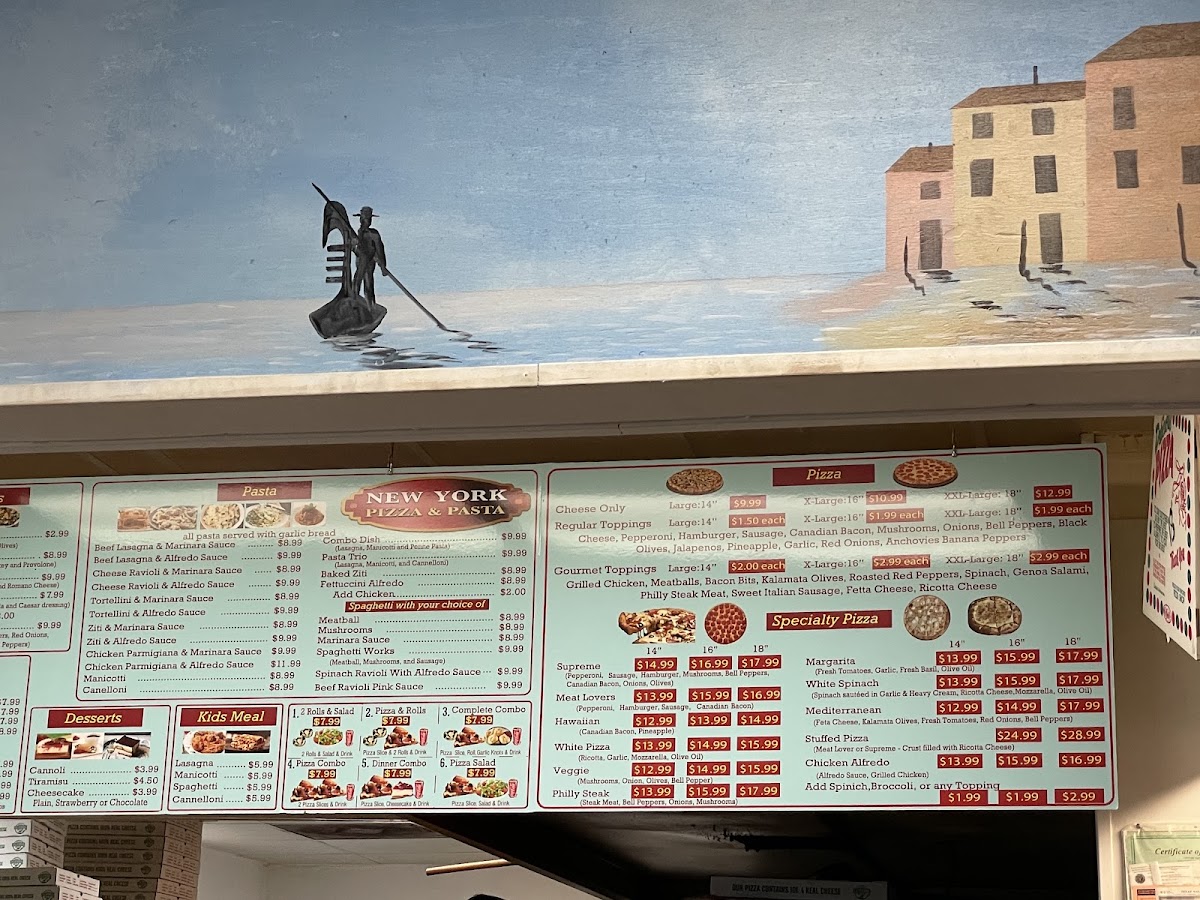 New York Pizza Pasta menu board