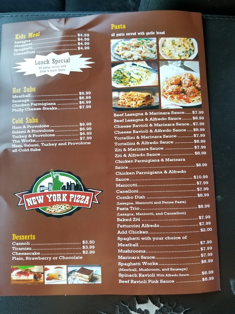 New York Pizza Pasta menu board
