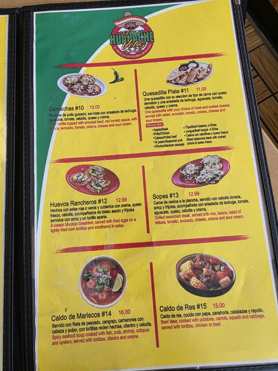 El Huarache Veloz Mexican Restaurant menu board