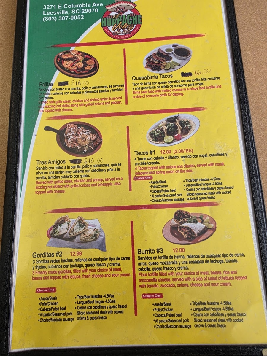 El Huarache Veloz Mexican Restaurant menu board