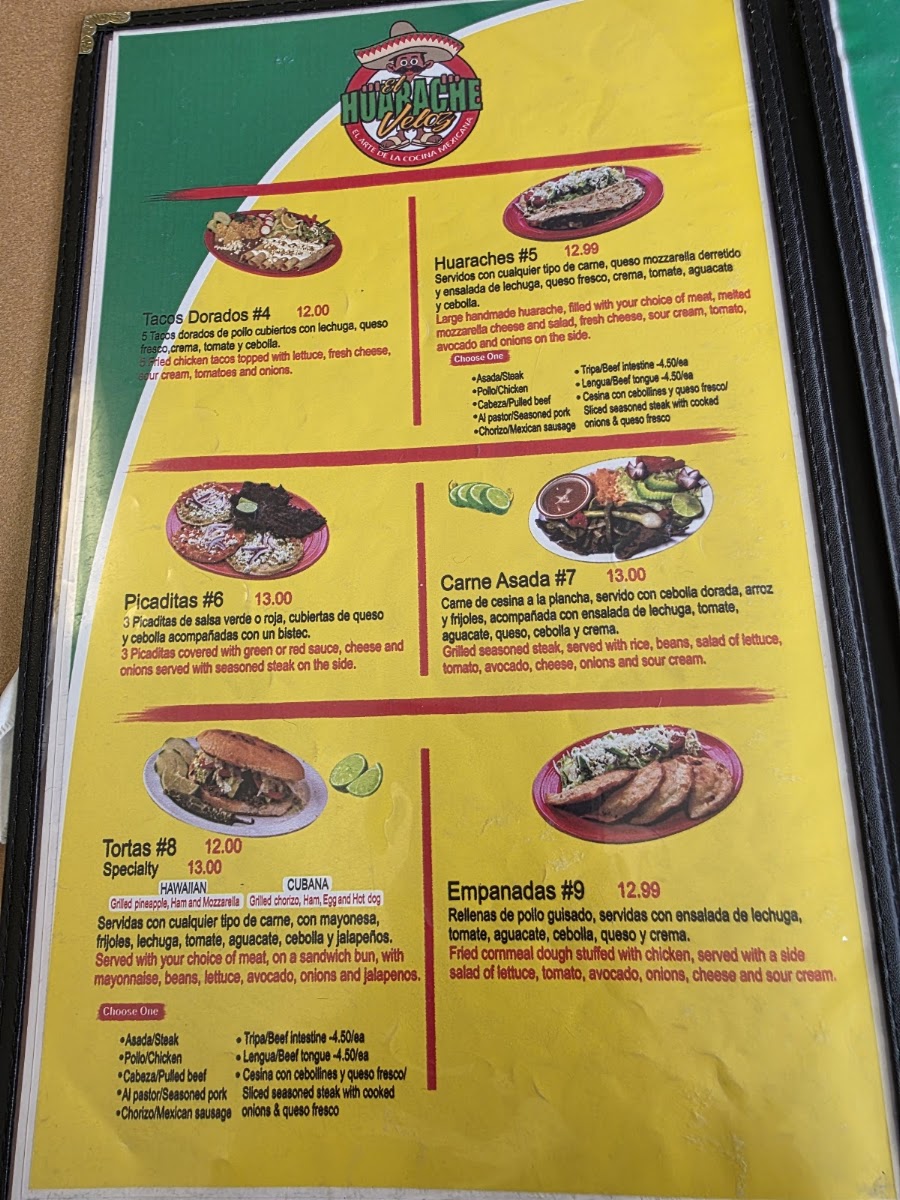 El Huarache Veloz Mexican Restaurant menu board