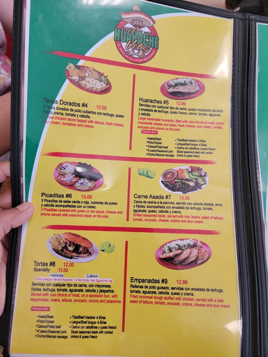 El Huarache Veloz Mexican Restaurant menu board