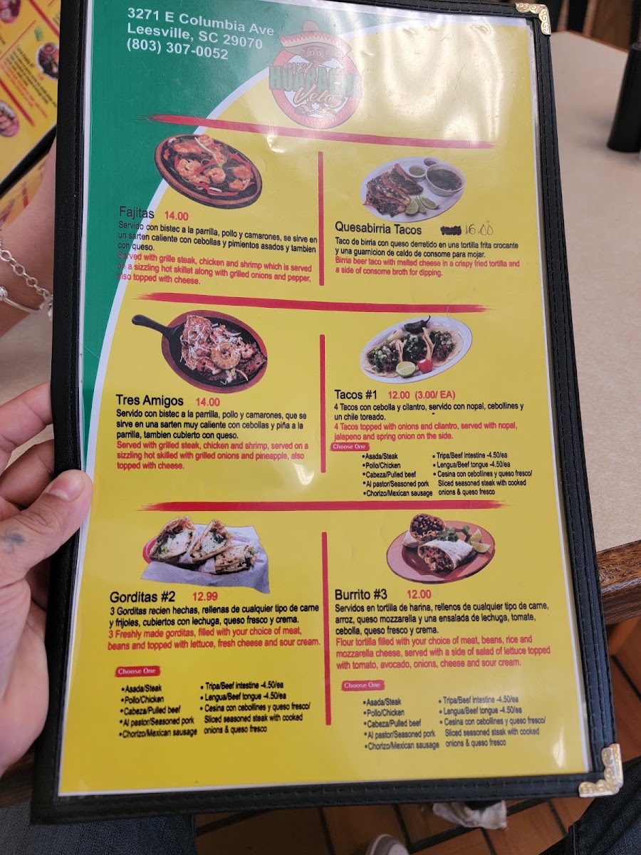 El Huarache Veloz Mexican Restaurant menu board