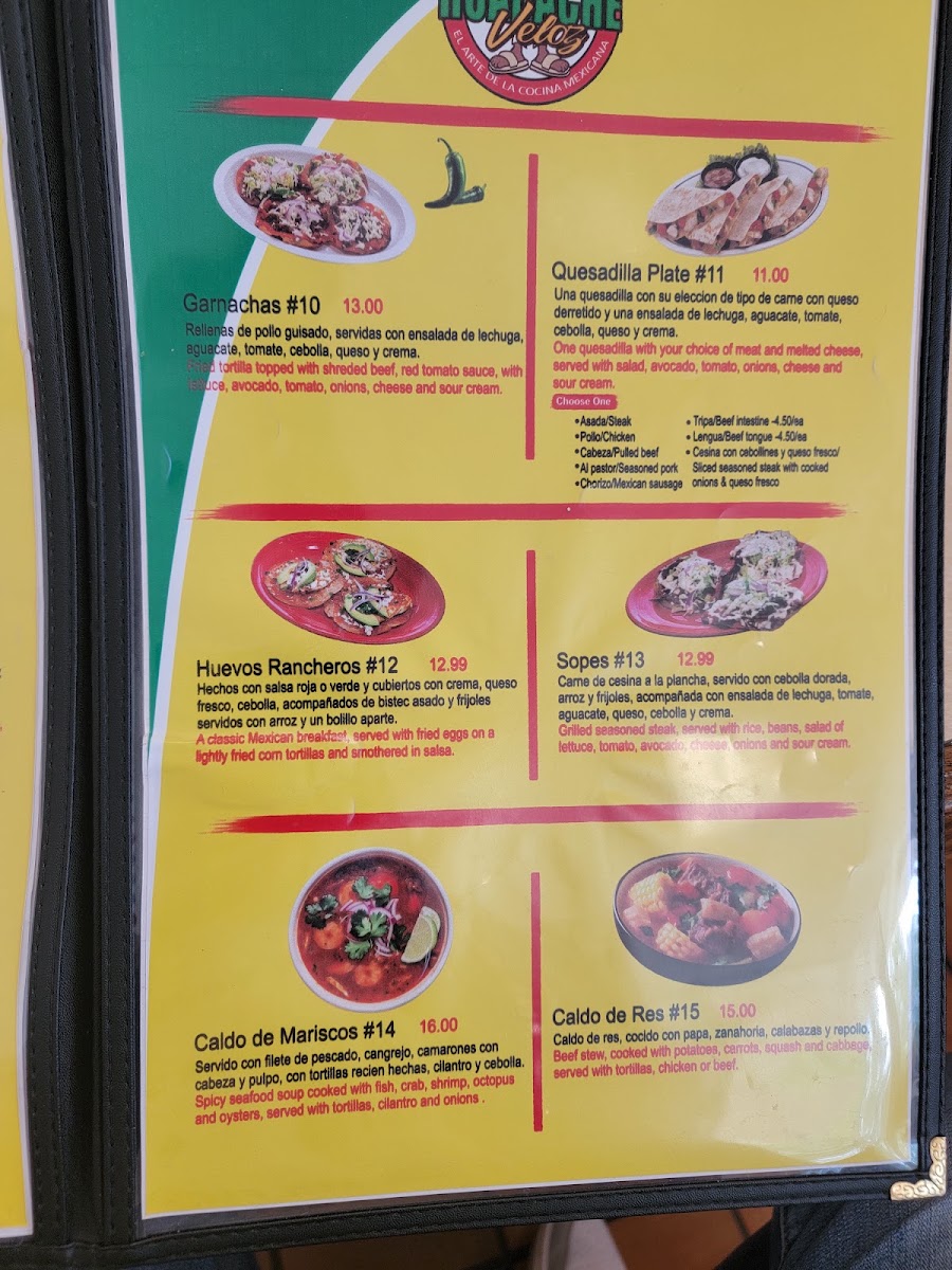 El Huarache Veloz Mexican Restaurant menu board