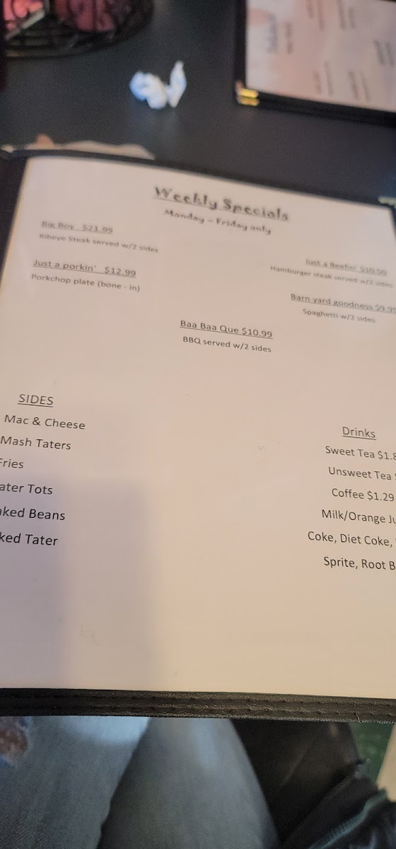 The Barn menu board