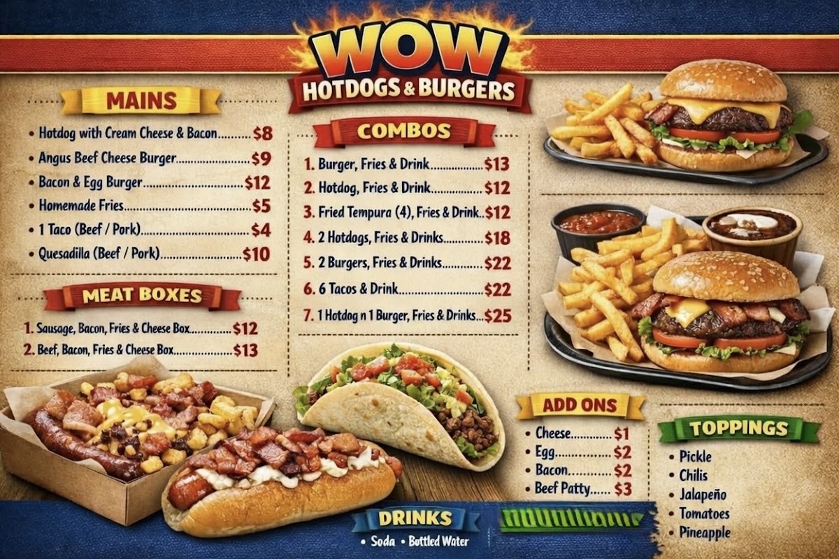 WoW Hotdogs & Burgers menu board