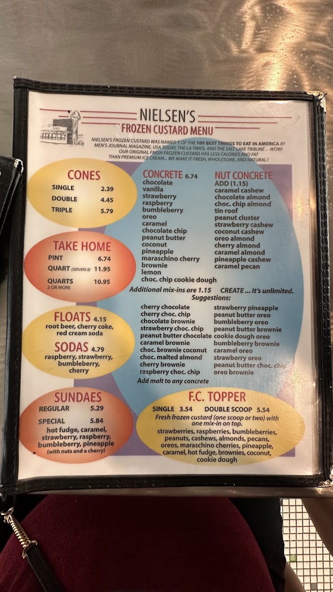 Nielsen's Frozen Custard menu board