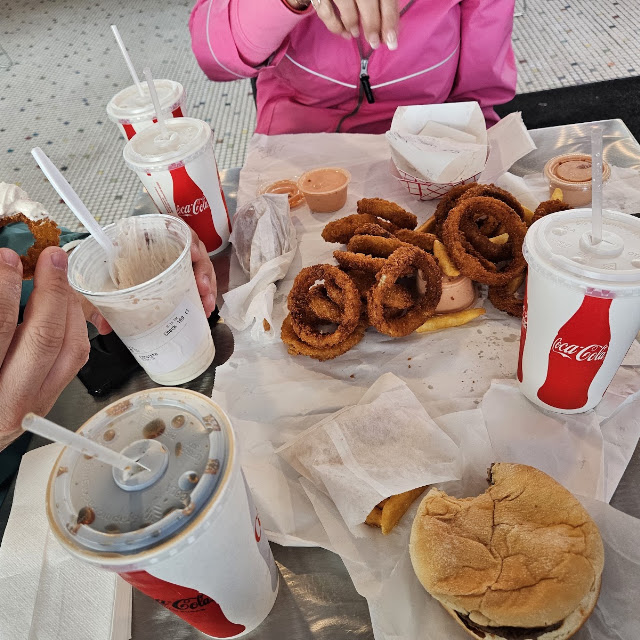 Burger Fries Onion Rings and Strawberry Shake