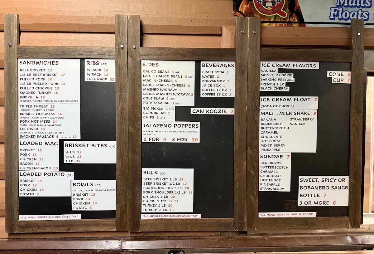 BoB-a-Q Smokehouse & Grill menu board