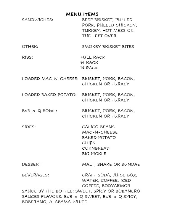 BoB-a-Q Smokehouse & Grill menu board