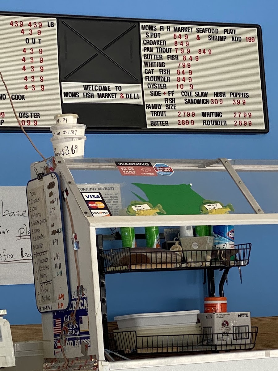 Mom's Fish Market & Deli menu board
