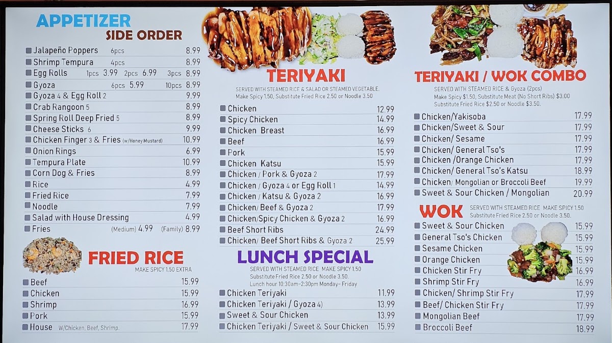 Kampai Wings & Teriyaki menu board