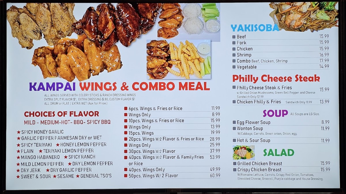Kampai Wings & Teriyaki menu board