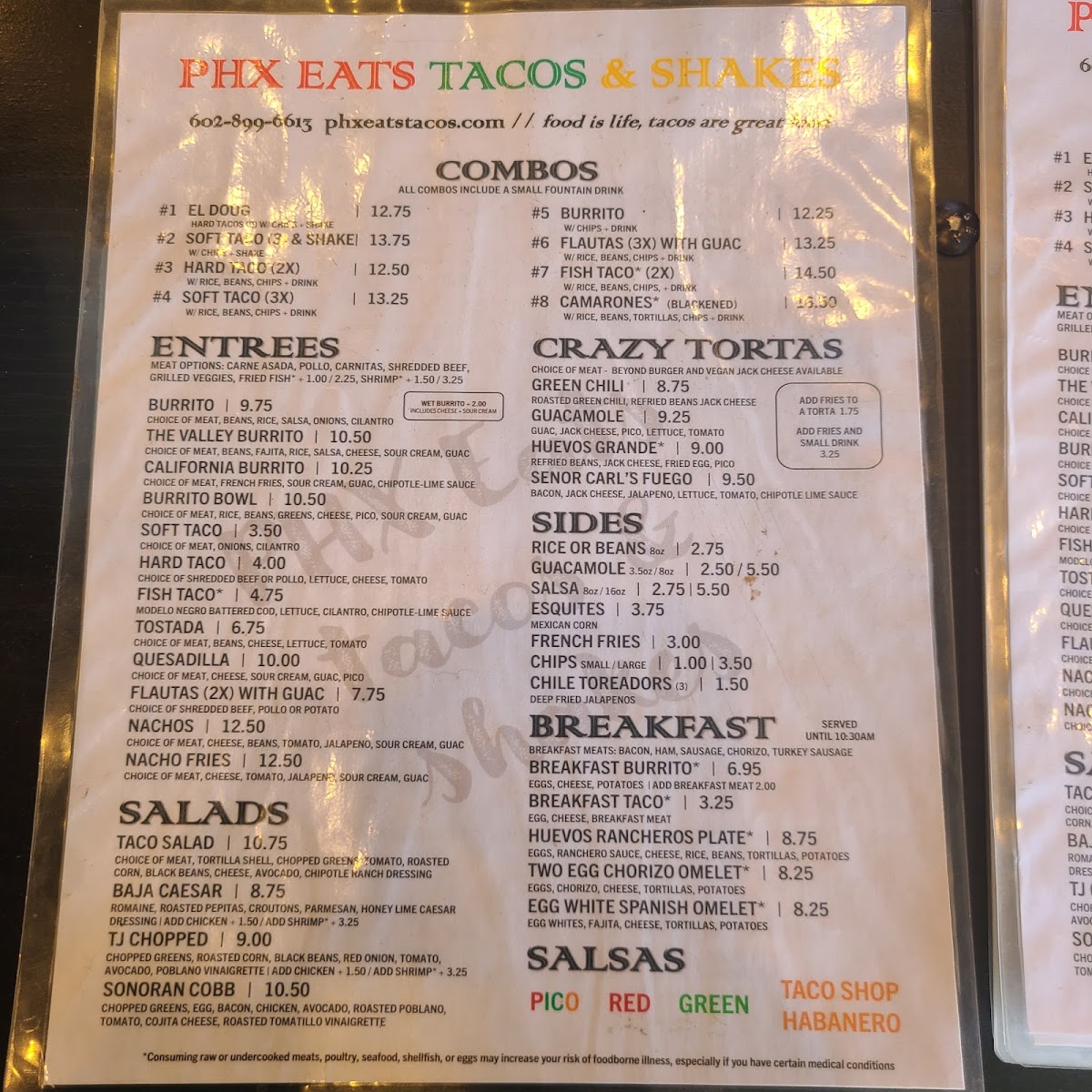 Phx Eats Tacos menu board