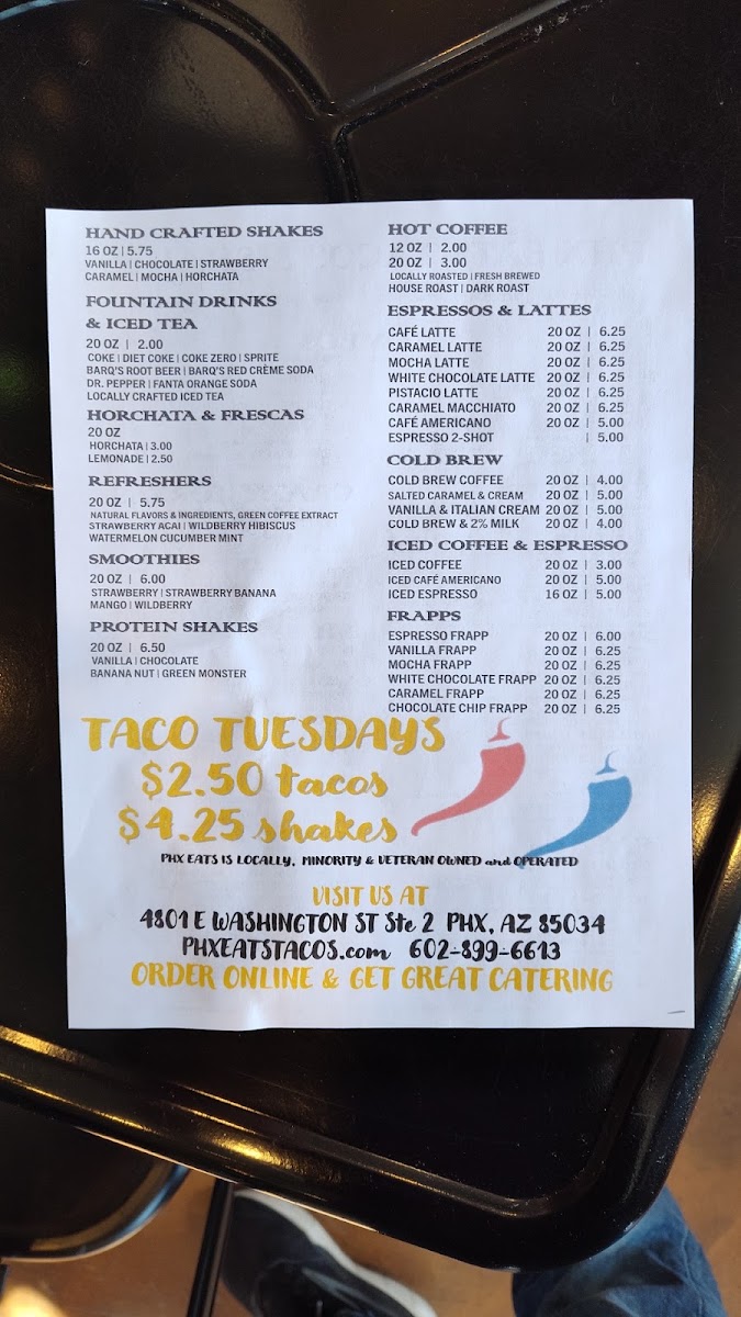 Phx Eats Tacos menu board