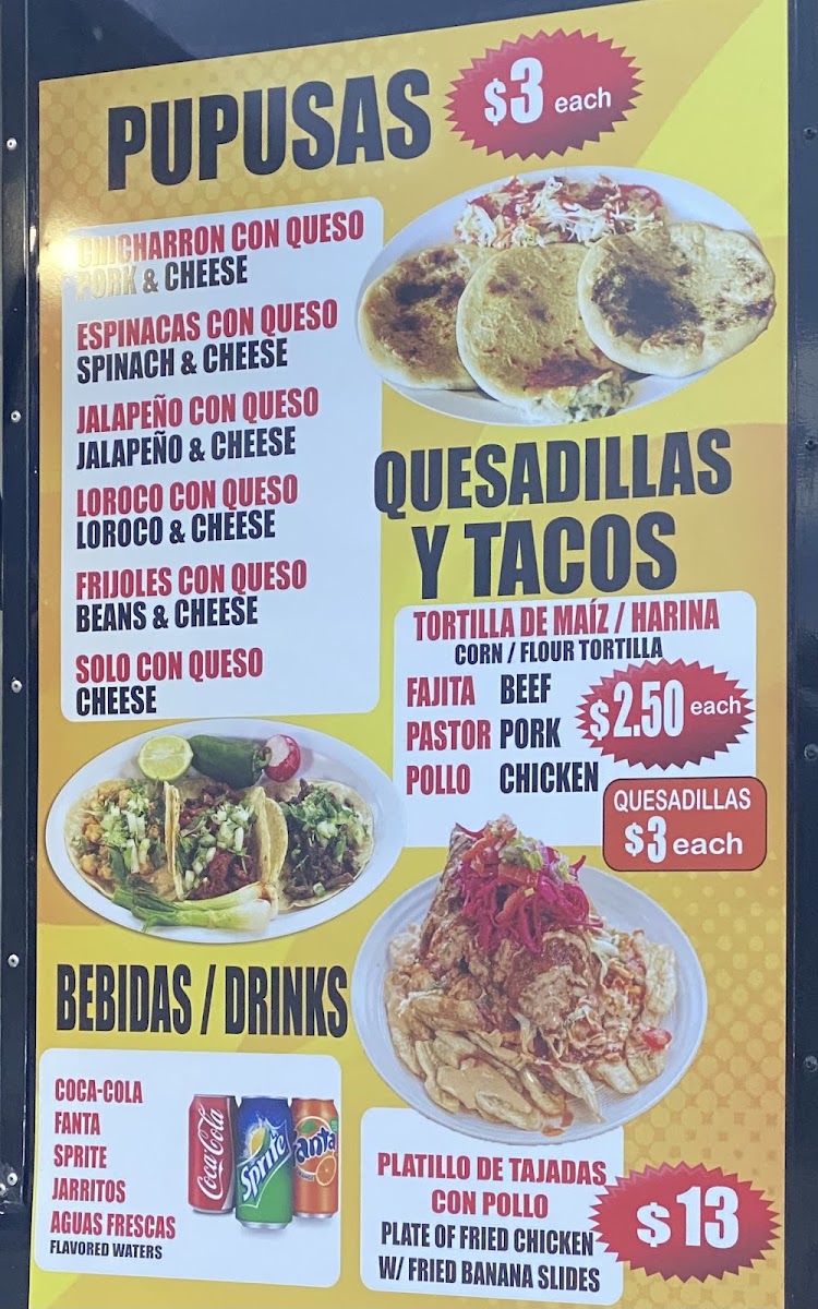 Tacos y Pupusas Tia Sandra menu board