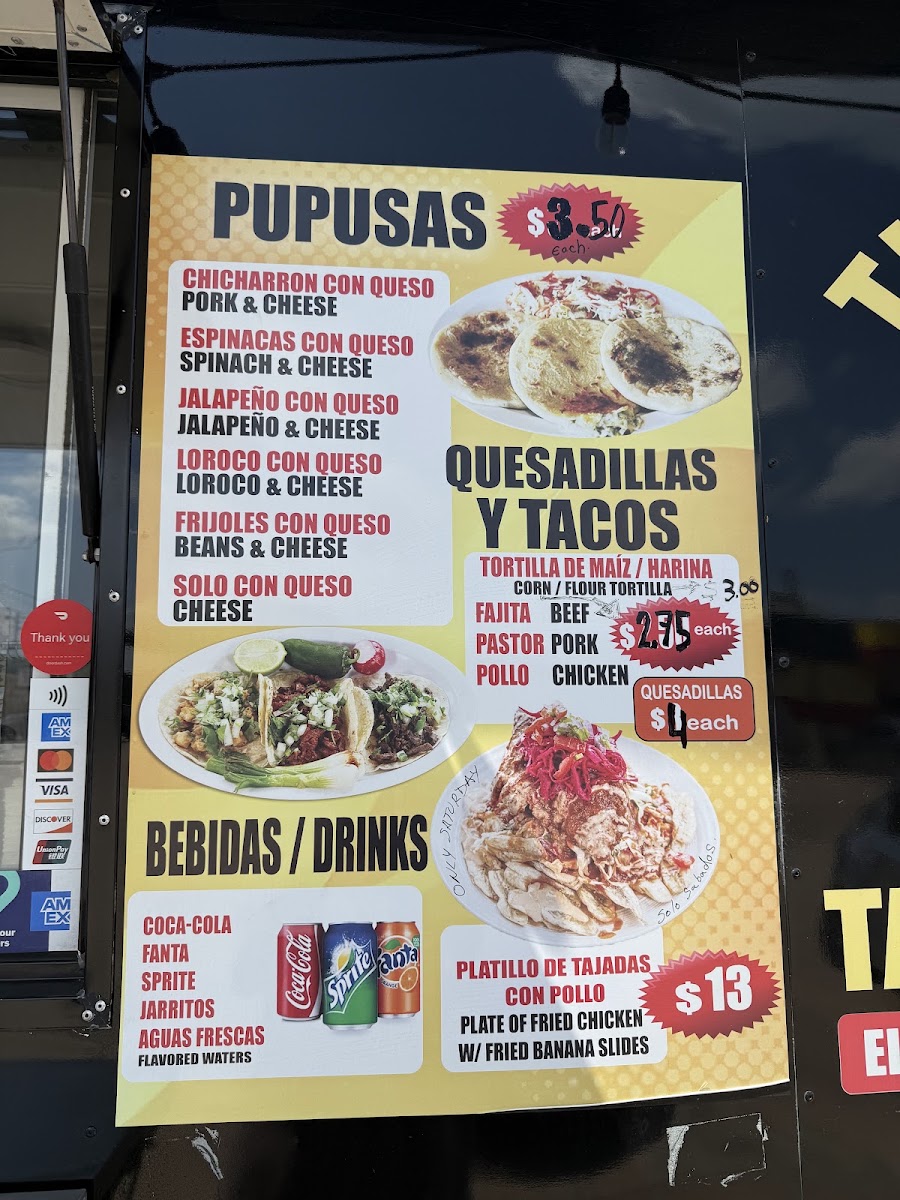 Tacos y Pupusas Tia Sandra menu board