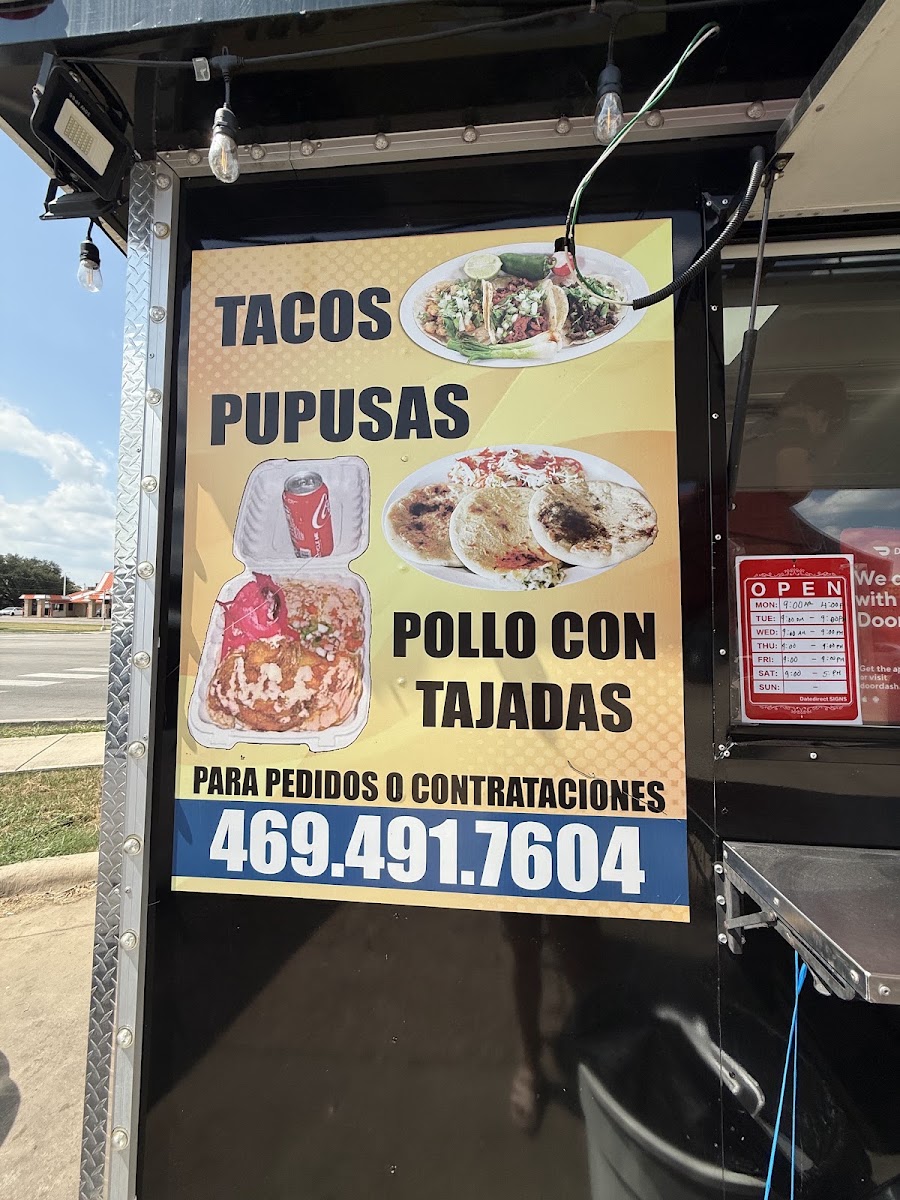 Tacos y Pupusas Tia Sandra menu board