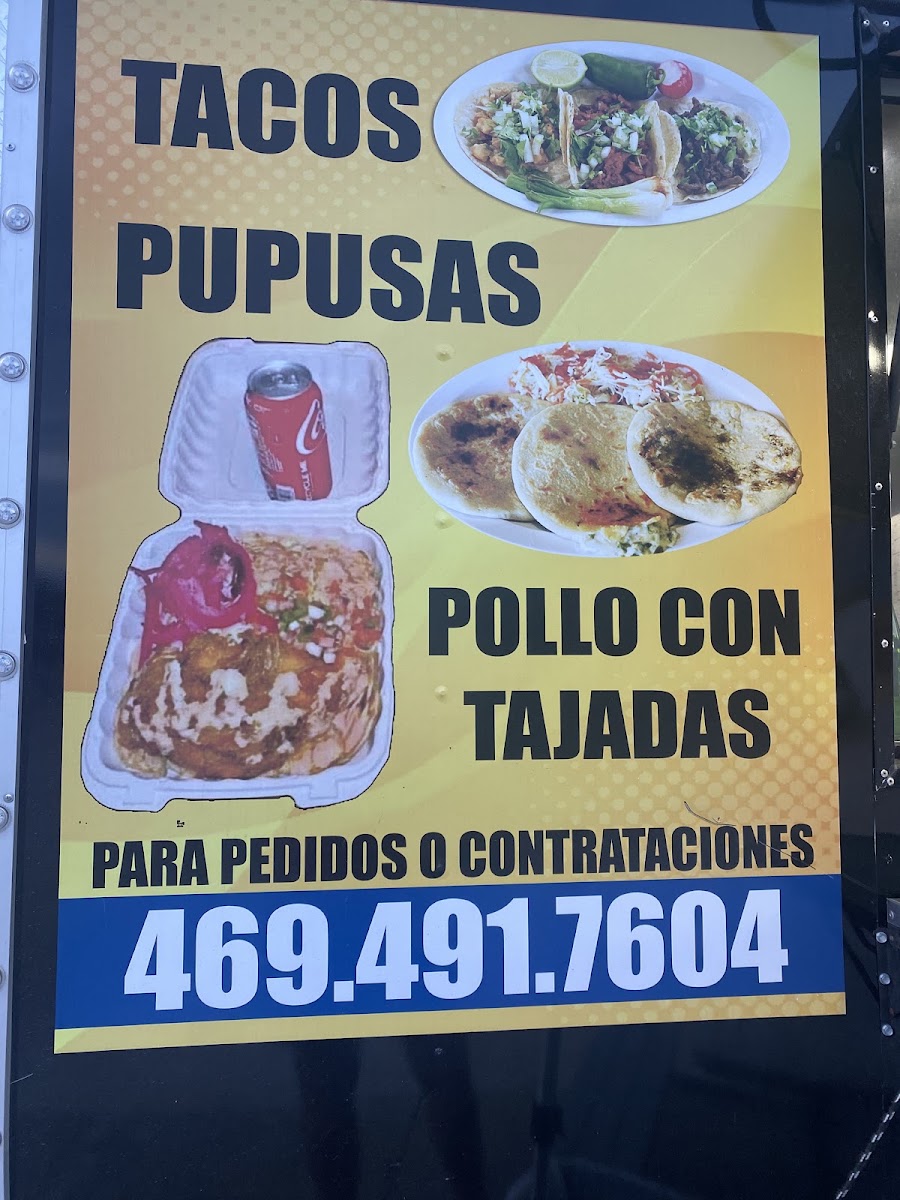 Tacos y Pupusas Tia Sandra menu board