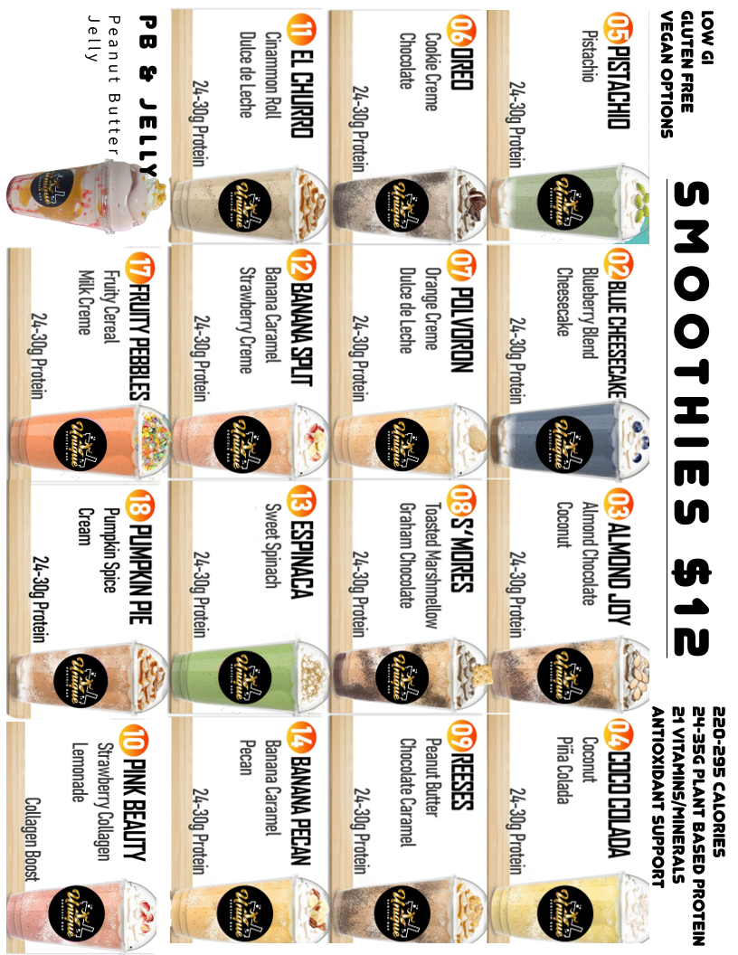 UNIQUE PROTEIN BAR menu board