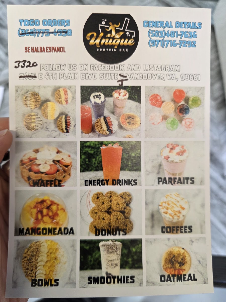 UNIQUE PROTEIN BAR menu board