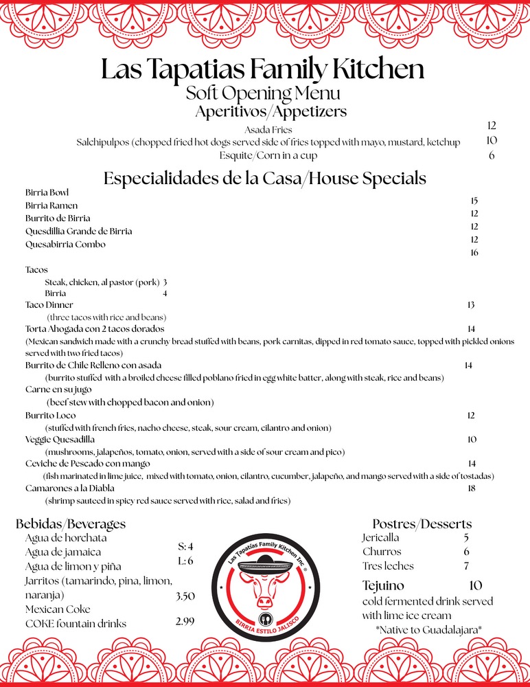 Las Tapatias Family Kitchen Inc menu board