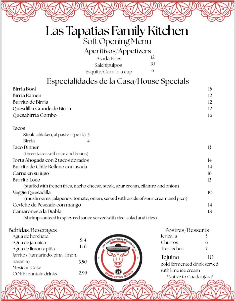 Las Tapatias Family Kitchen Inc menu board