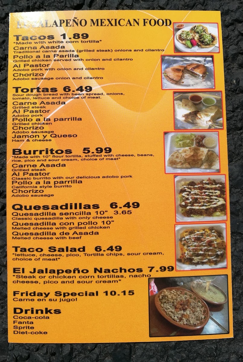 El Jalapeno Tacos menu board