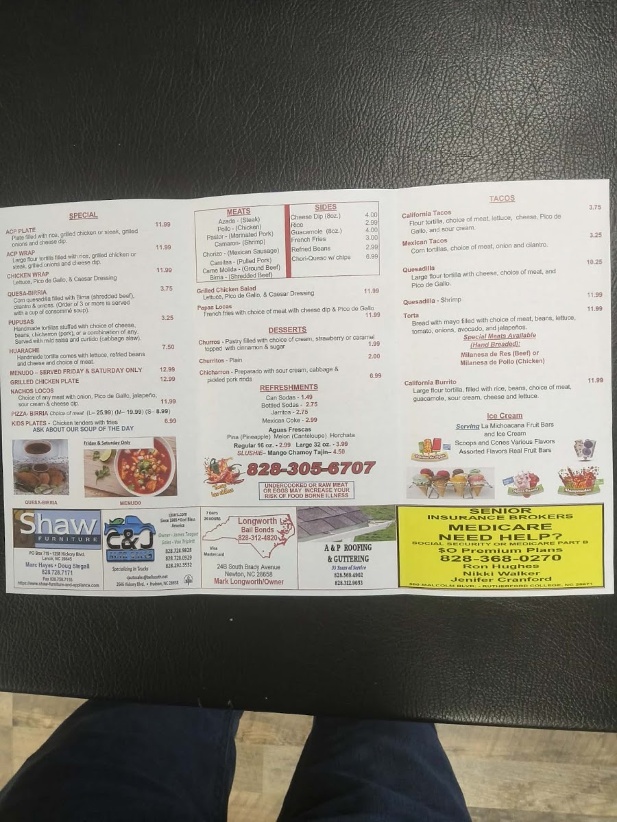 Tacos Los Chiles nc menu board