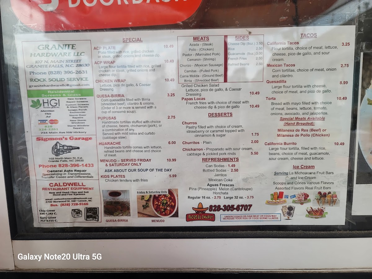 Tacos Los Chiles nc menu board