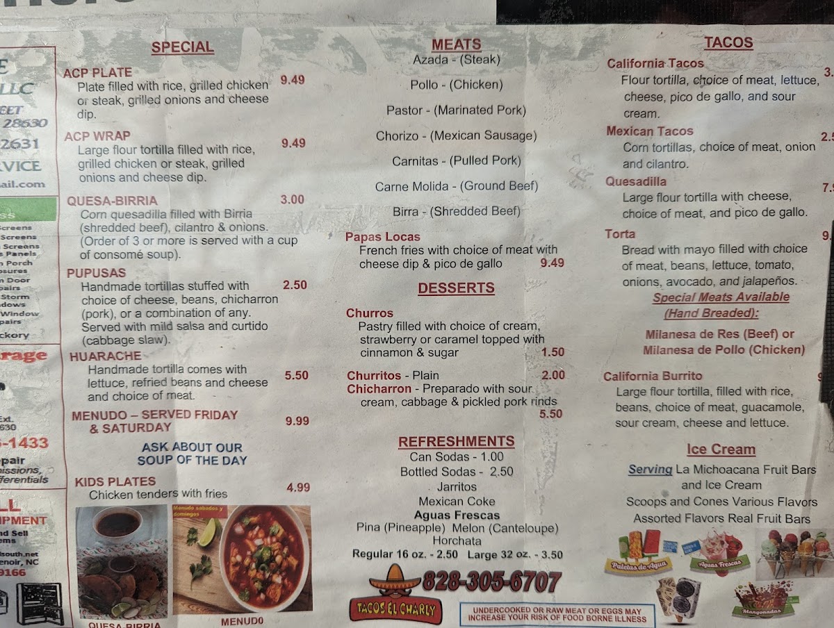 Tacos Los Chiles nc menu board