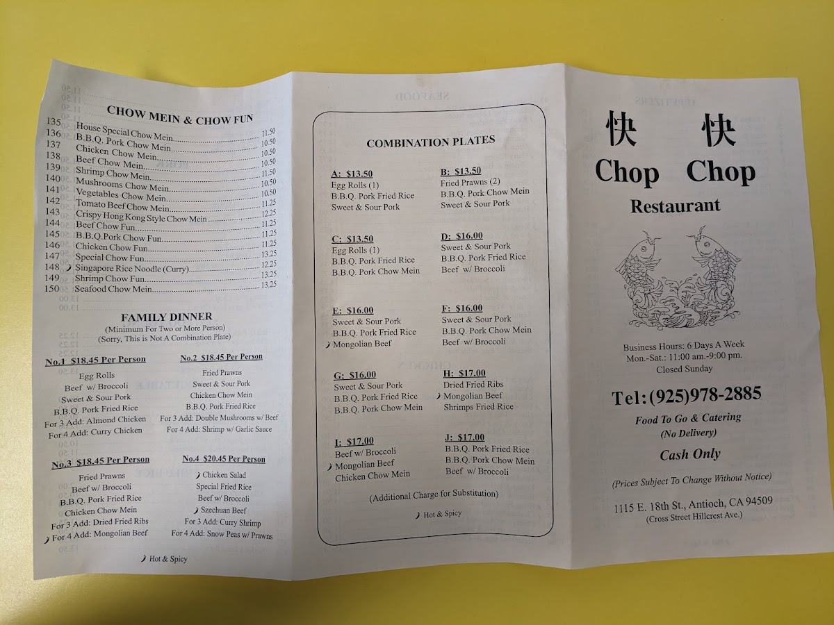 Chop Chop Restaurant menu board