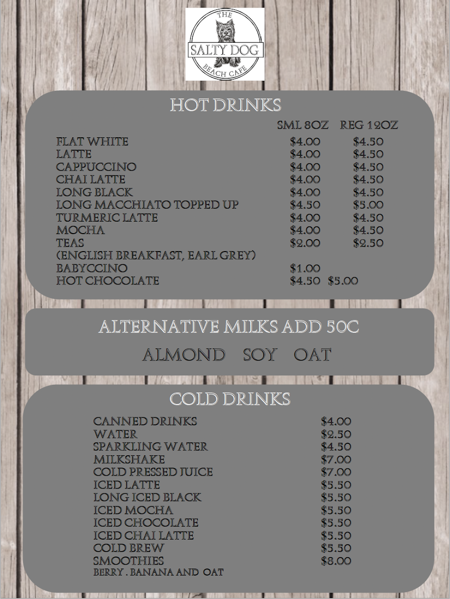 The Salty Dog Beach Cafe menu board