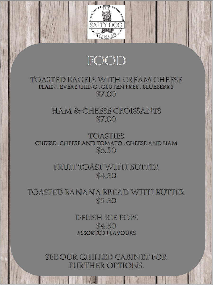 The Salty Dog Beach Cafe menu board