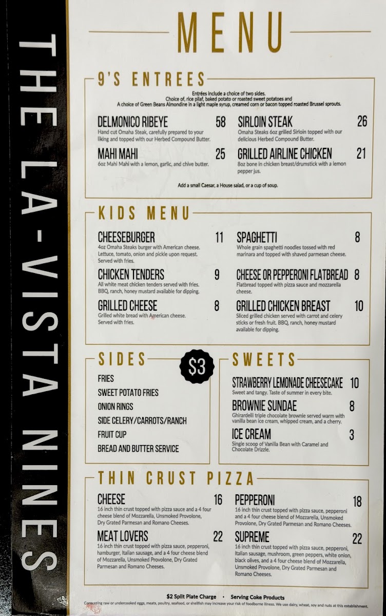 The La Vista Nines menu board