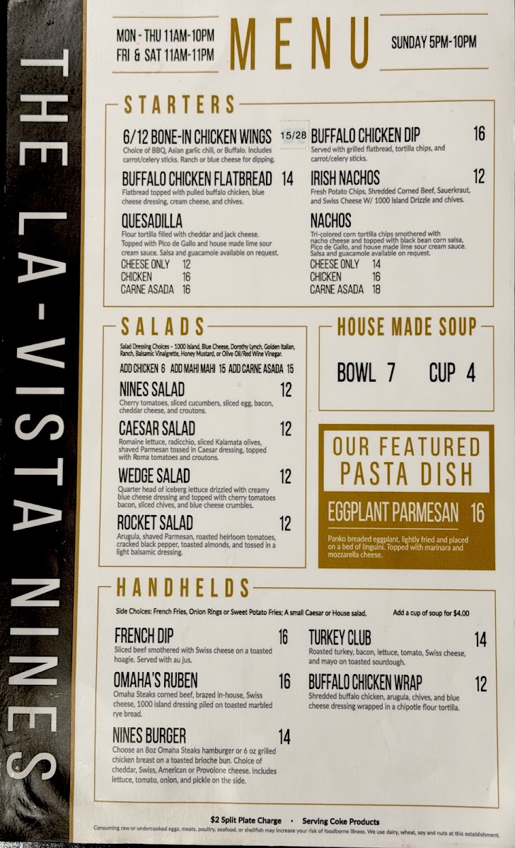 The La Vista Nines menu board