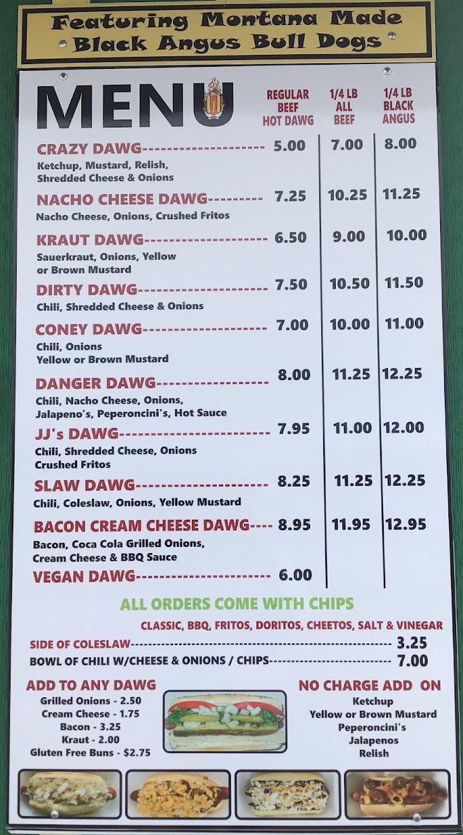 JJ's Dawg House menu board