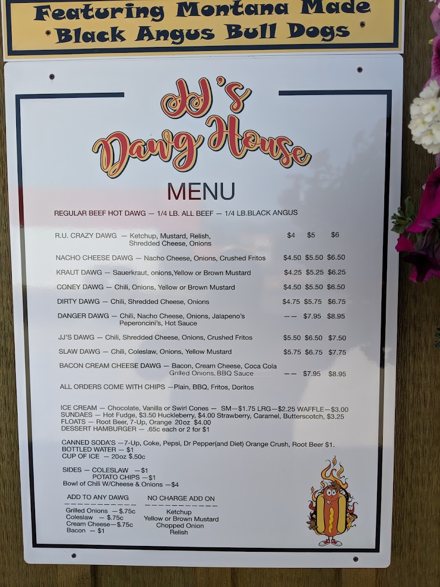 JJ's Dawg House menu board