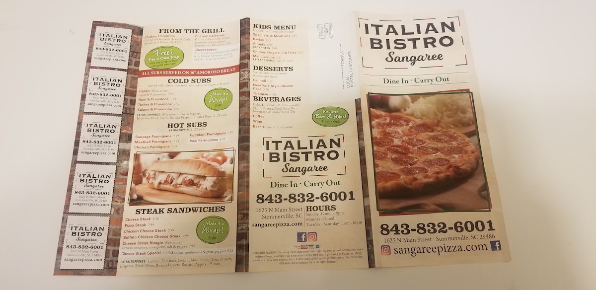 Sangaree Pizza menu board