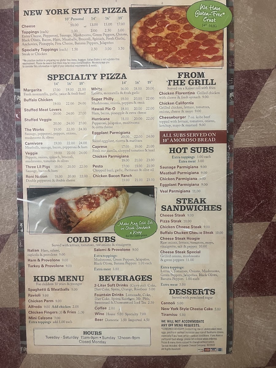 Sangaree Pizza menu board