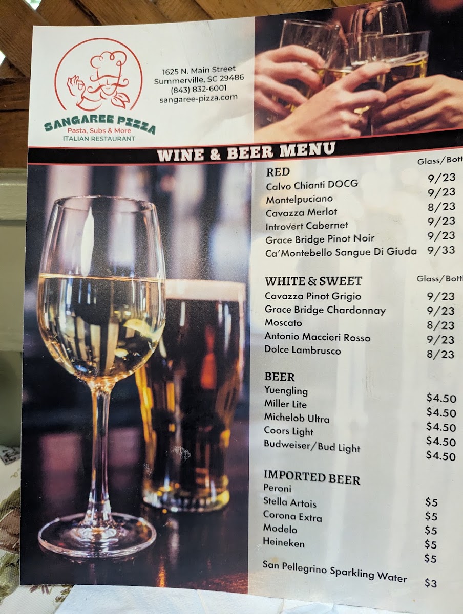 Sangaree Pizza menu board