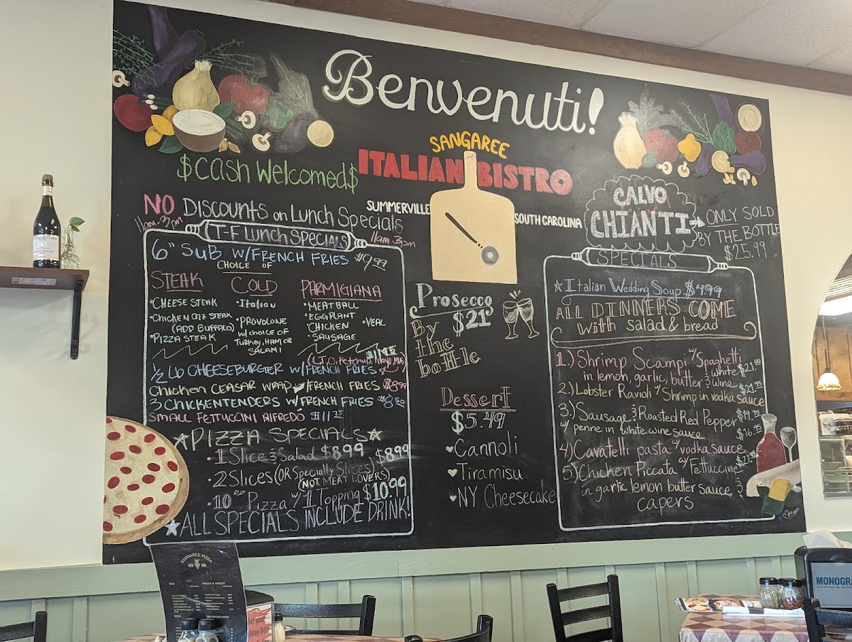 Sangaree Pizza menu board