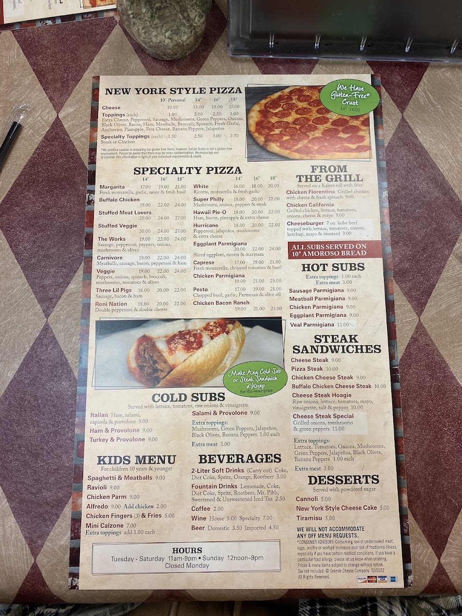 Sangaree Pizza menu board