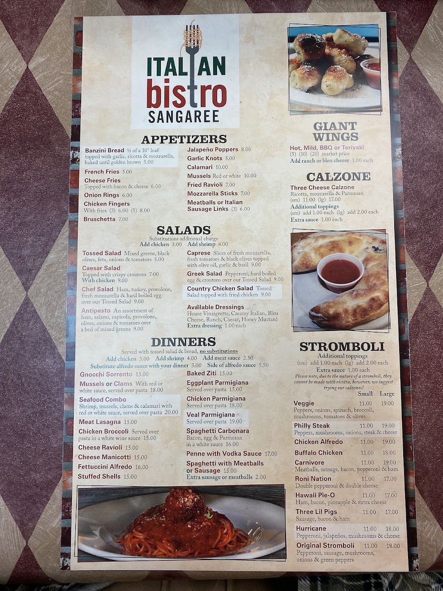 Sangaree Pizza menu board