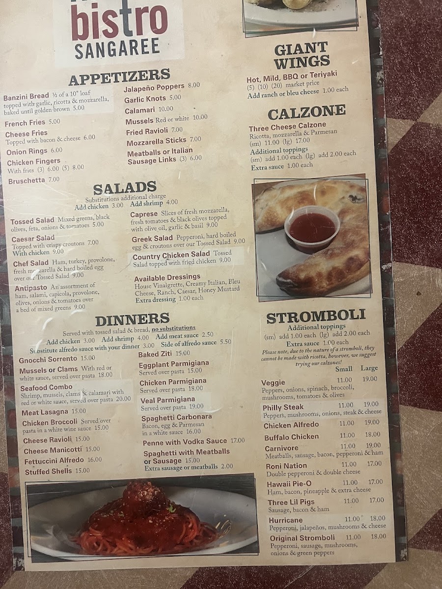 Sangaree Pizza menu board