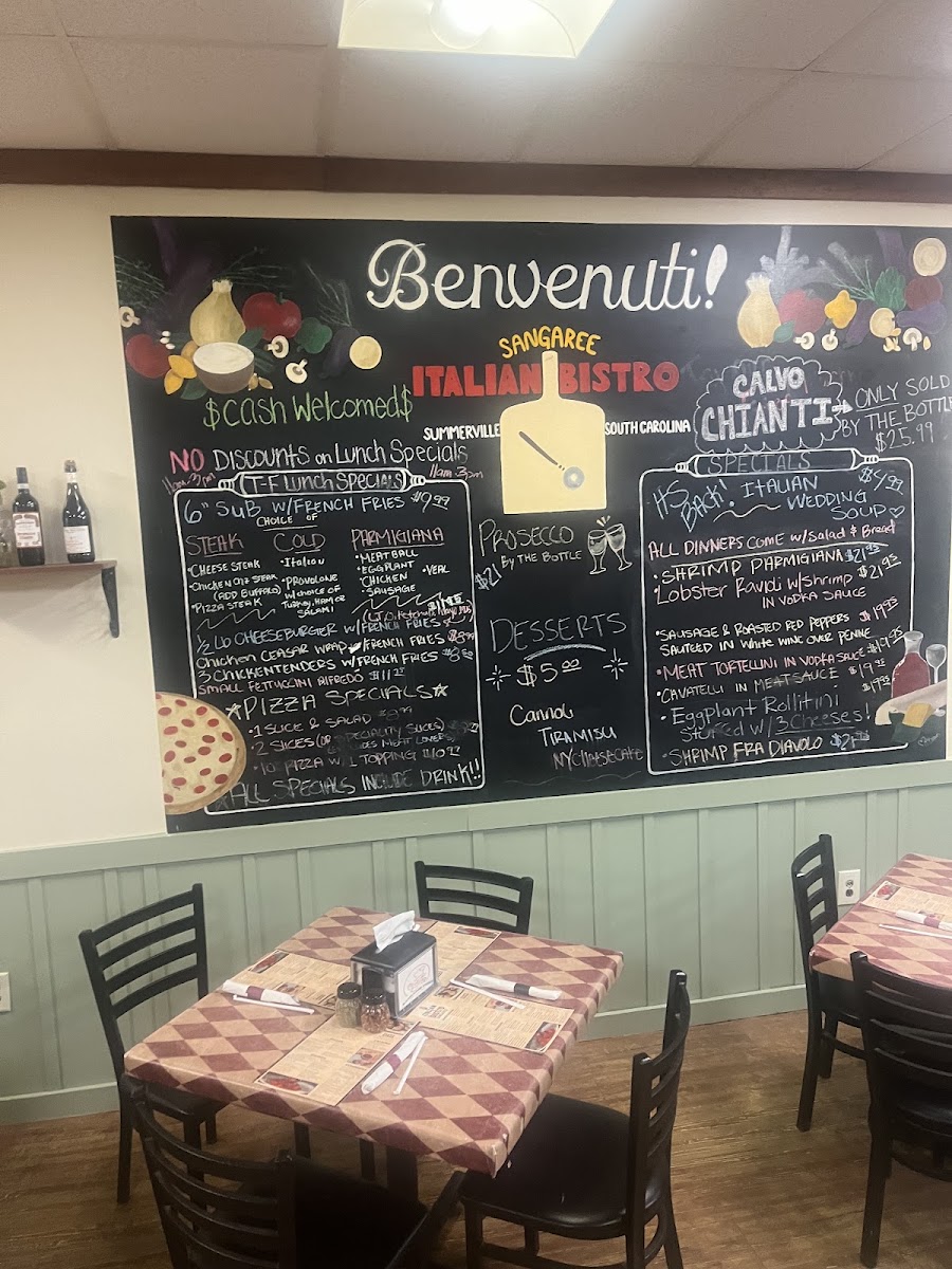 Sangaree Pizza menu board