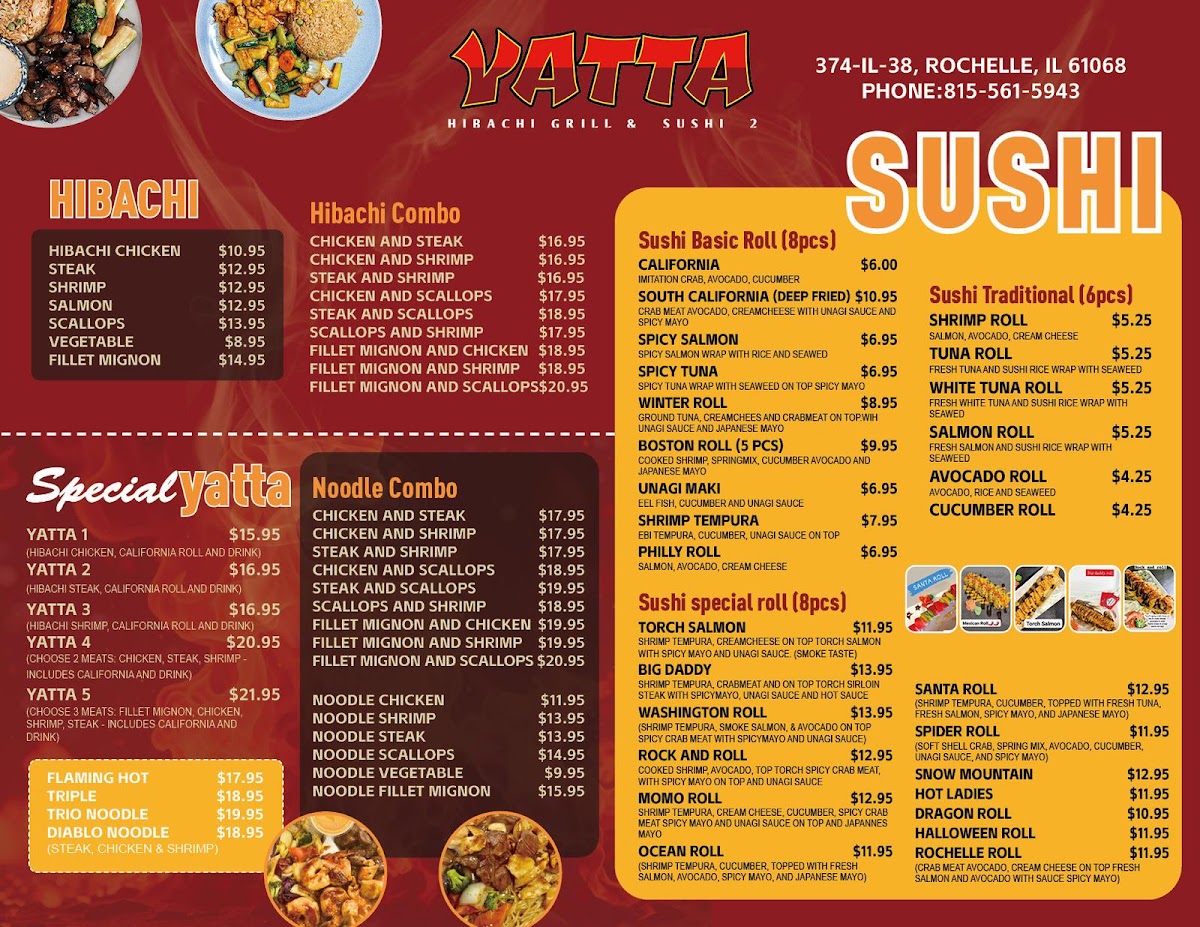 Yatta Habachi Grill & Sushi 2, Rochelle menu board