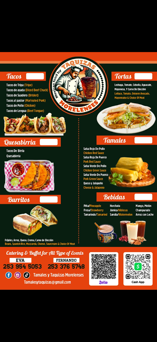 Taquizas Morelenses menu board