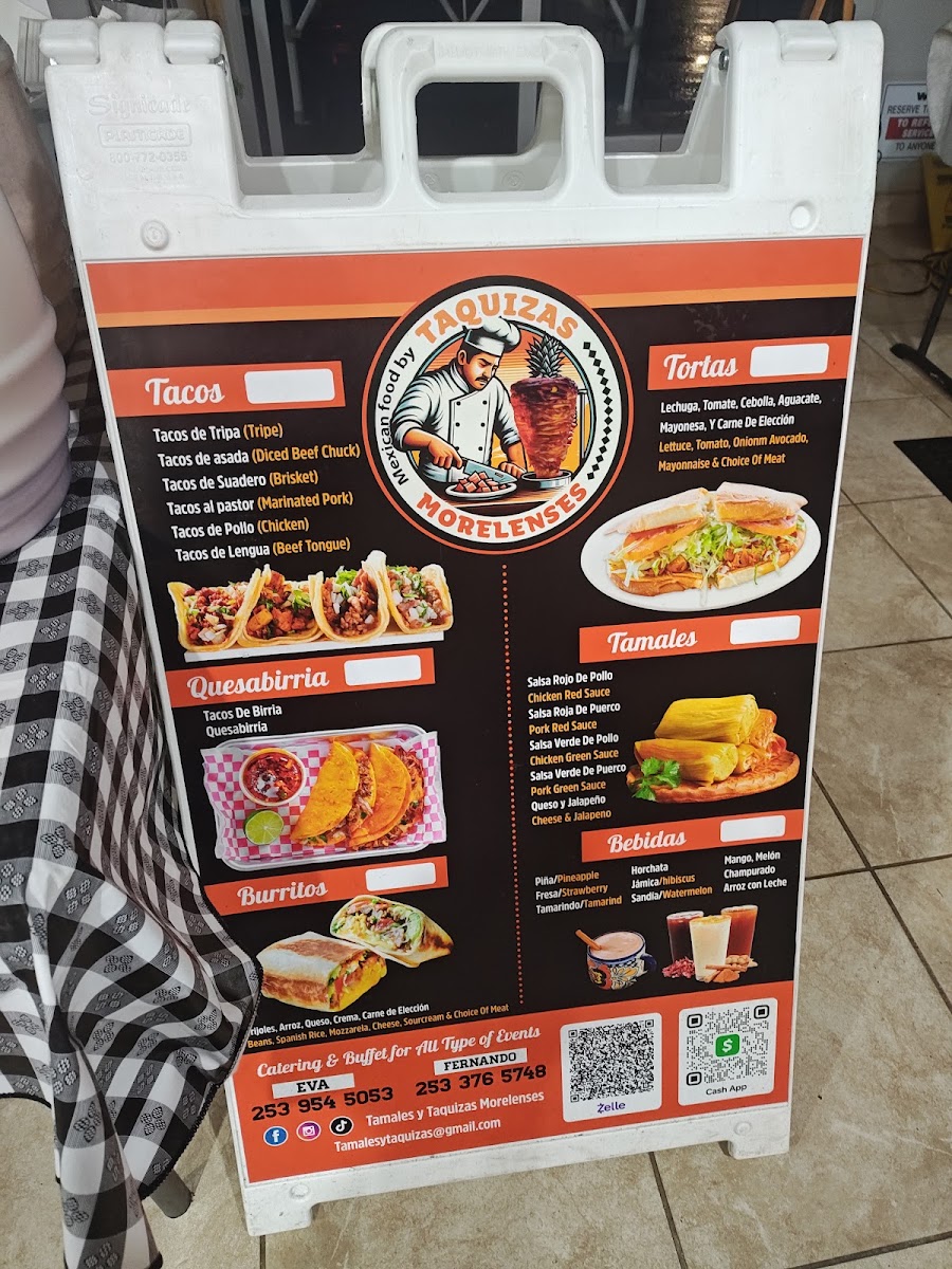 Taquizas Morelenses menu board